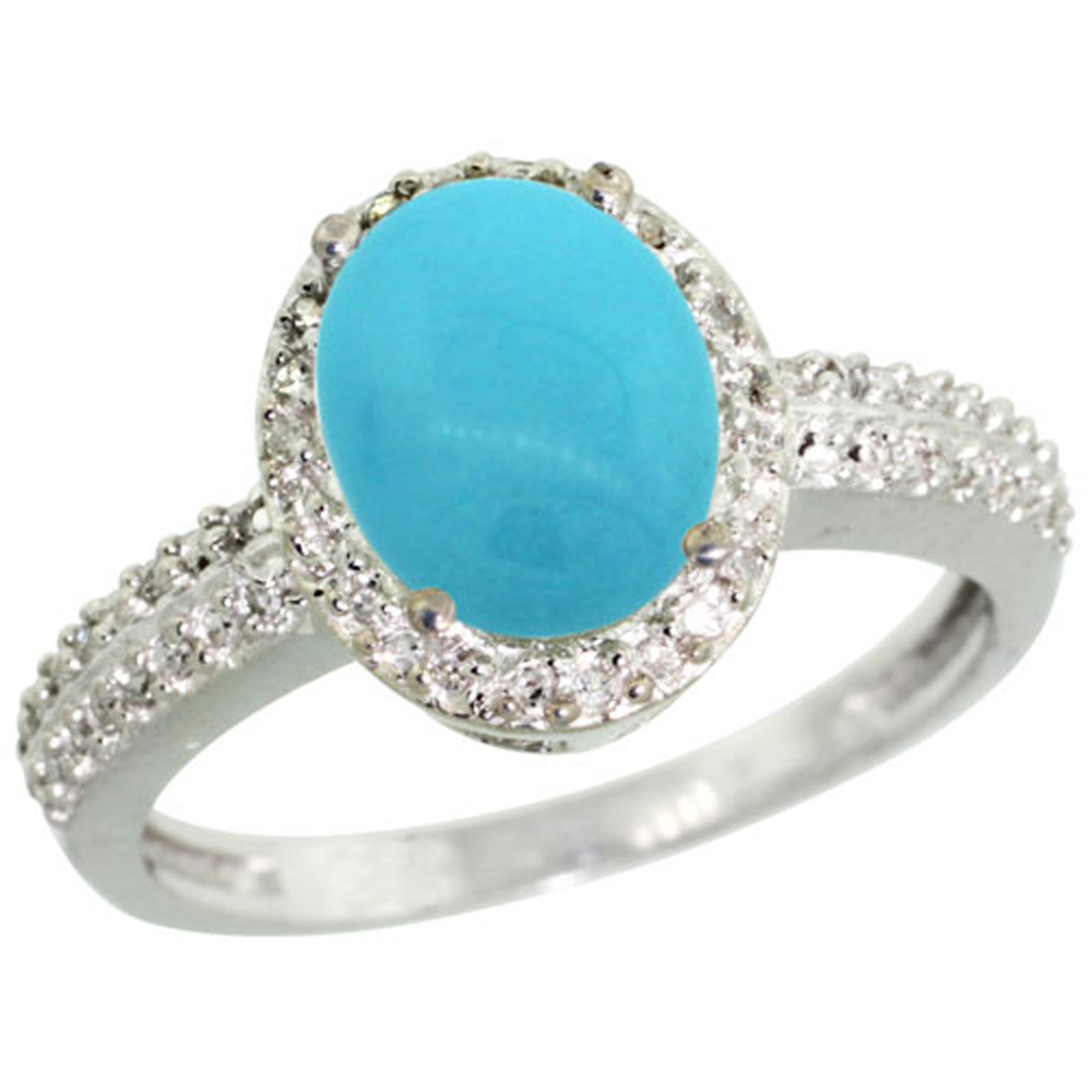 Sterling Silver Diamond Sleeping Beauty Turquoise Ring Oval 9x7mm, 1/2 inch wide, sizes 5-10