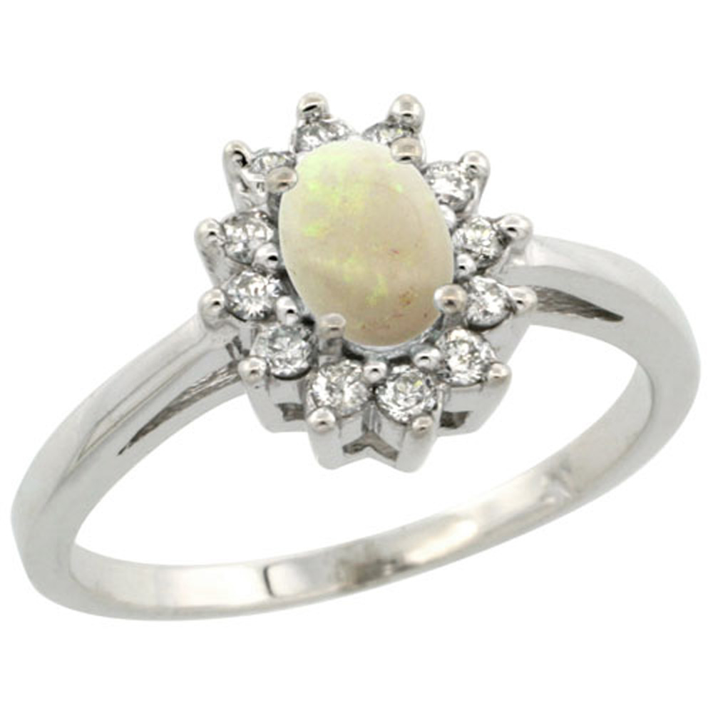 Sterling Silver Natural Opal Diamond Flower Halo Ring Oval 6X4mm, 3/8 inch wide, sizes 5-10