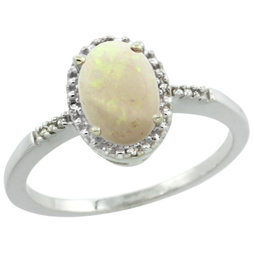 Sterling Silver Diamond Natural Opal Ring Oval 8x6mm, 3/8 inch wide, sizes 5-10