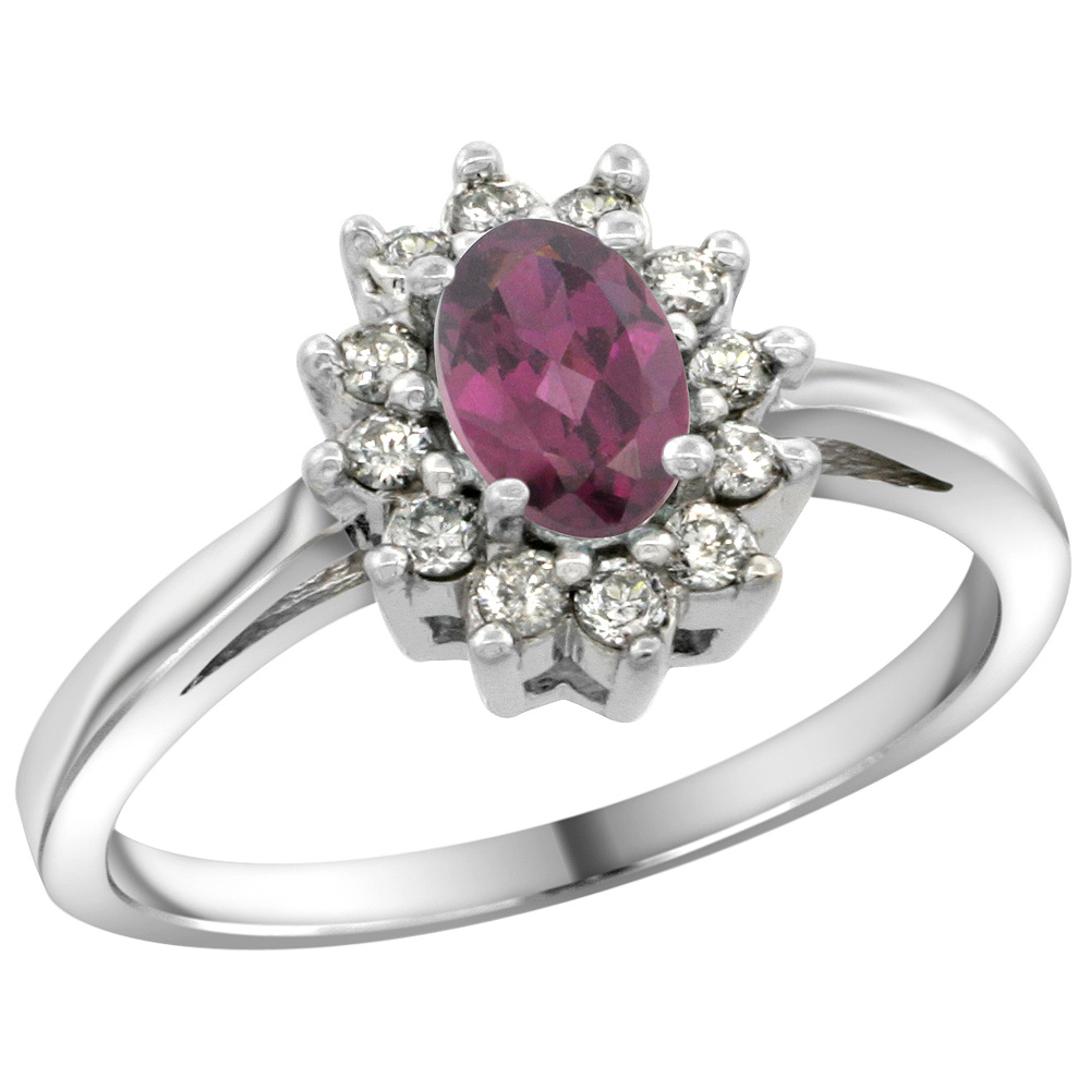 Sterling Silver Natural Rhodolite Diamond Flower Halo Ring Oval 6X4mm, 3/8 inch wide, sizes 5 10