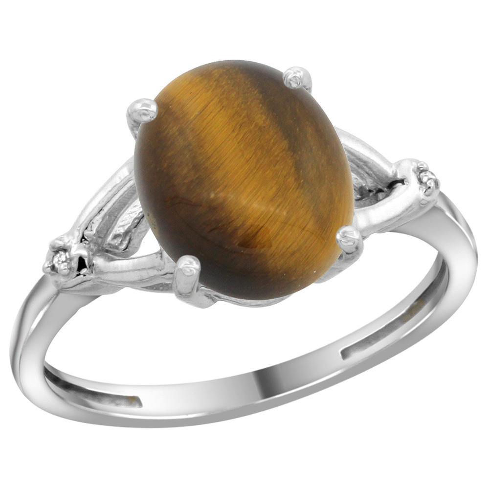 Sterling Silver Diamond 10x8mm Oval Natural Tiger Eye Engagement Ring for Women 3/8 inch wide Sizes 5-10