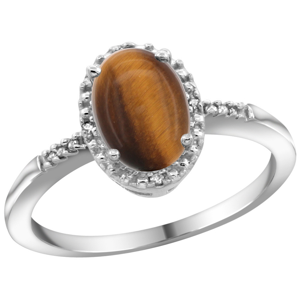 Sterling Silver Diamond Natural Tiger Eye Ring Oval 8x6mm, 3/8 inch wide, sizes 5-10