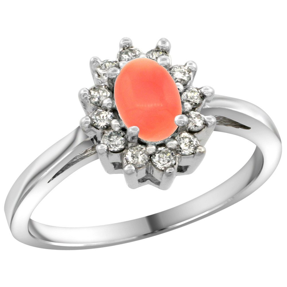 Sterling Silver Natural Coral Diamond Flower Halo Ring Oval 6X4mm, 3/8 inch wide, sizes 5 10