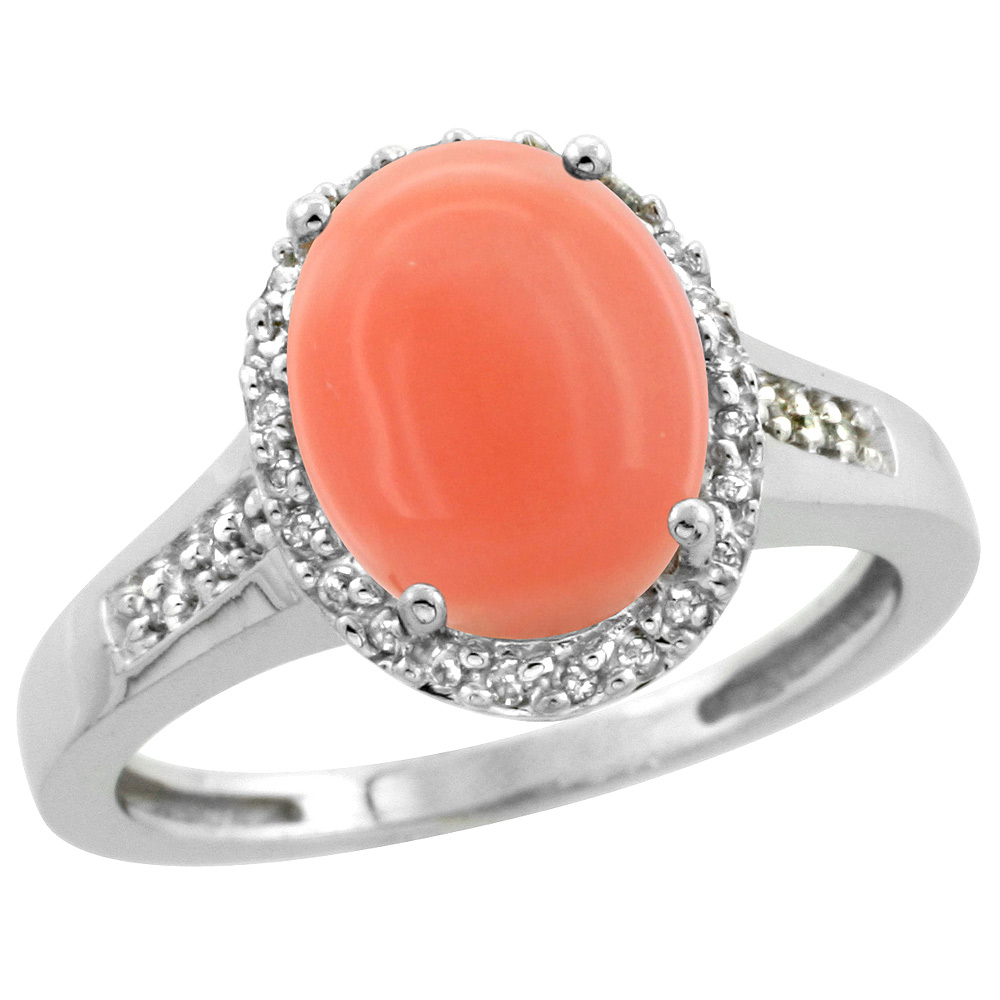 Sterling Silver Diamond Natural Coral Ring Oval 10x8mm, 1/2 inch wide, sizes 5-10