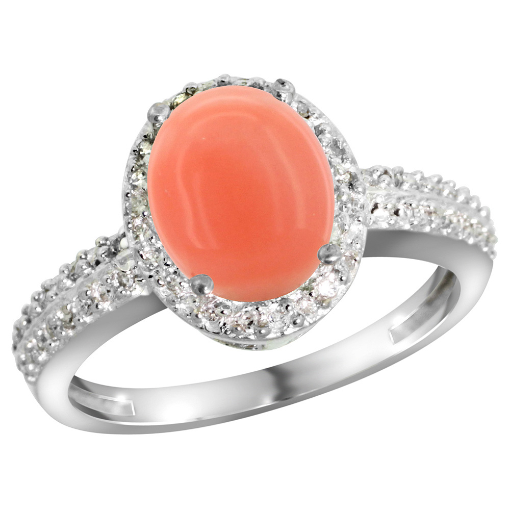 Sterling Silver Diamond Natural Coral Ring Oval 9x7mm, 1/2 inch wide, sizes 5-10