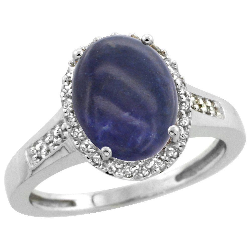 Sterling Silver Diamond Natural Lapis Ring Oval 10x8mm, 1/2 inch wide, sizes 5-10