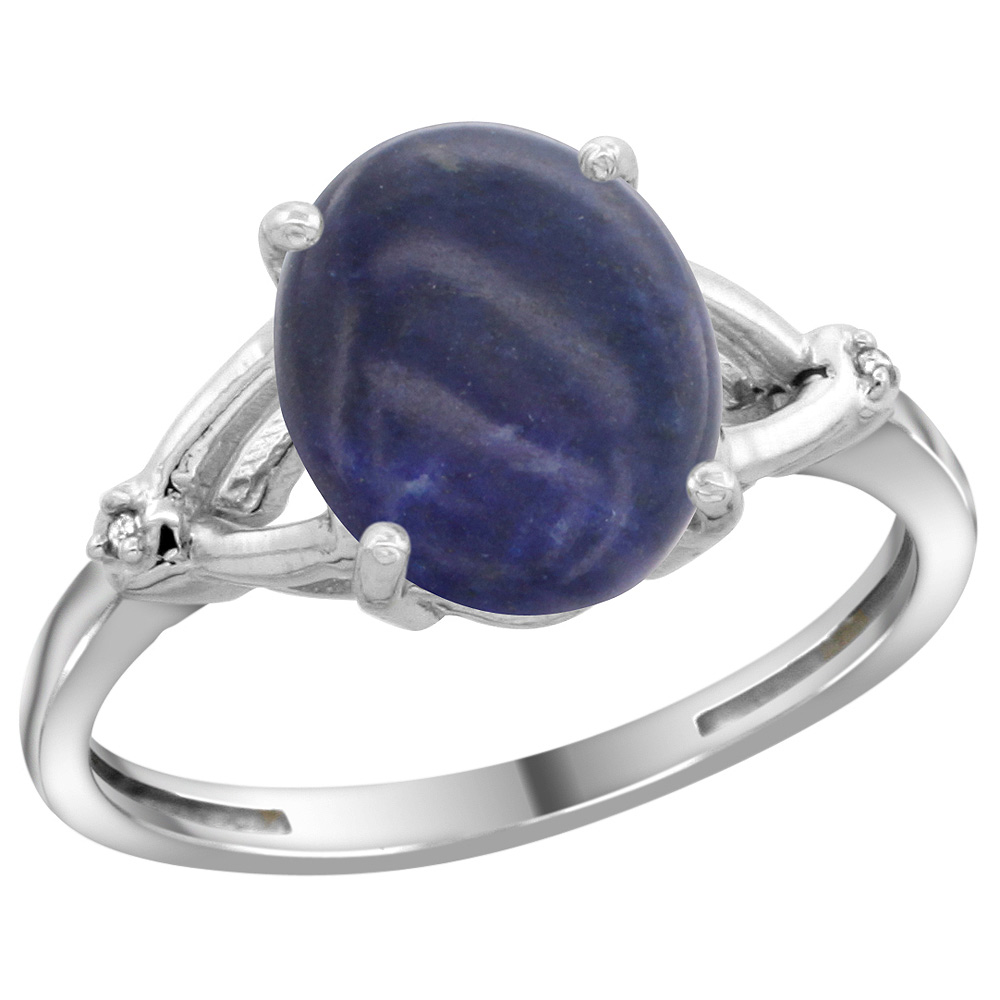 Sterling Silver Diamond 10x8mm Oval Natural Lapis Engagement Ring for Women 3/8 inch wide Sizes 5-10