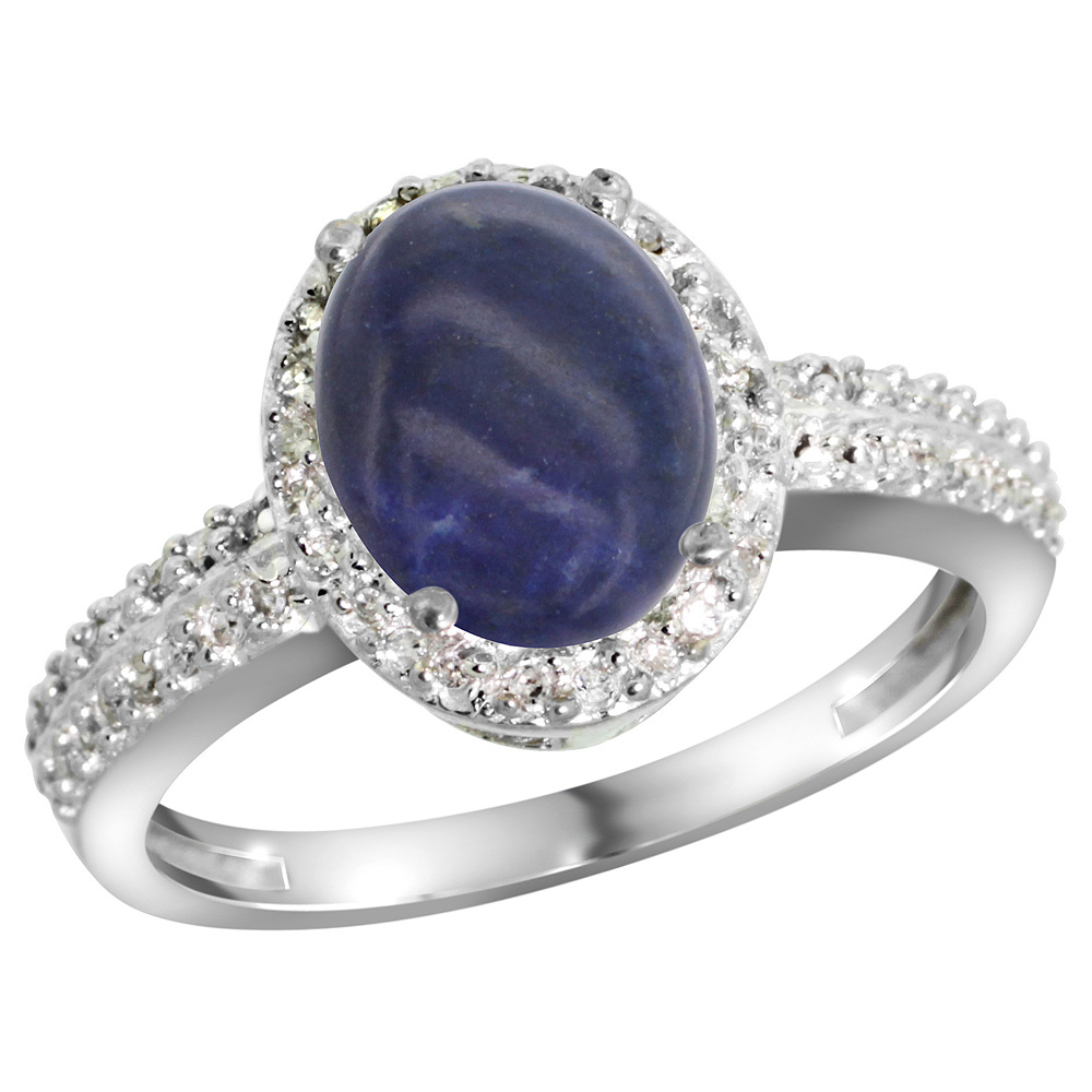 Sterling Silver Diamond Natural Lapis Ring Oval 9x7mm, 1/2 inch wide, sizes 5-10