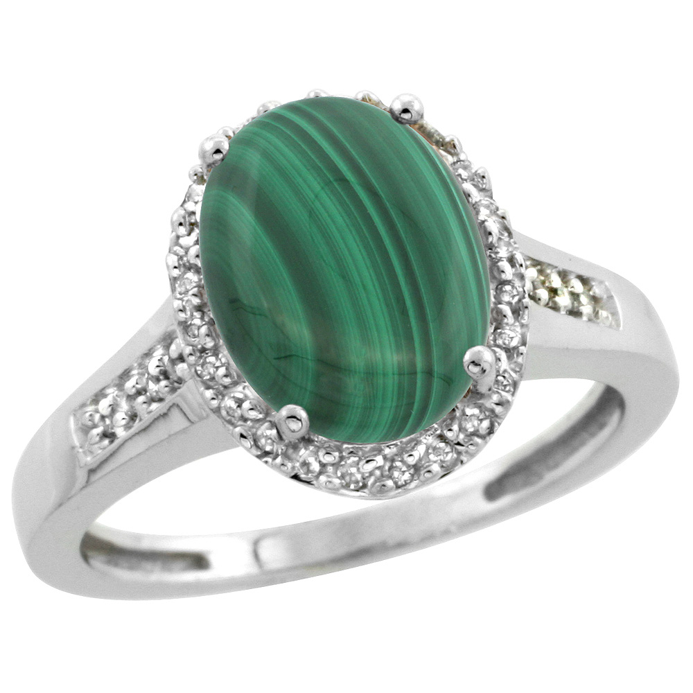 Sterling Silver Diamond Natural Malachite Ring Oval 10x8mm, 1/2 inch wide, sizes 5-10