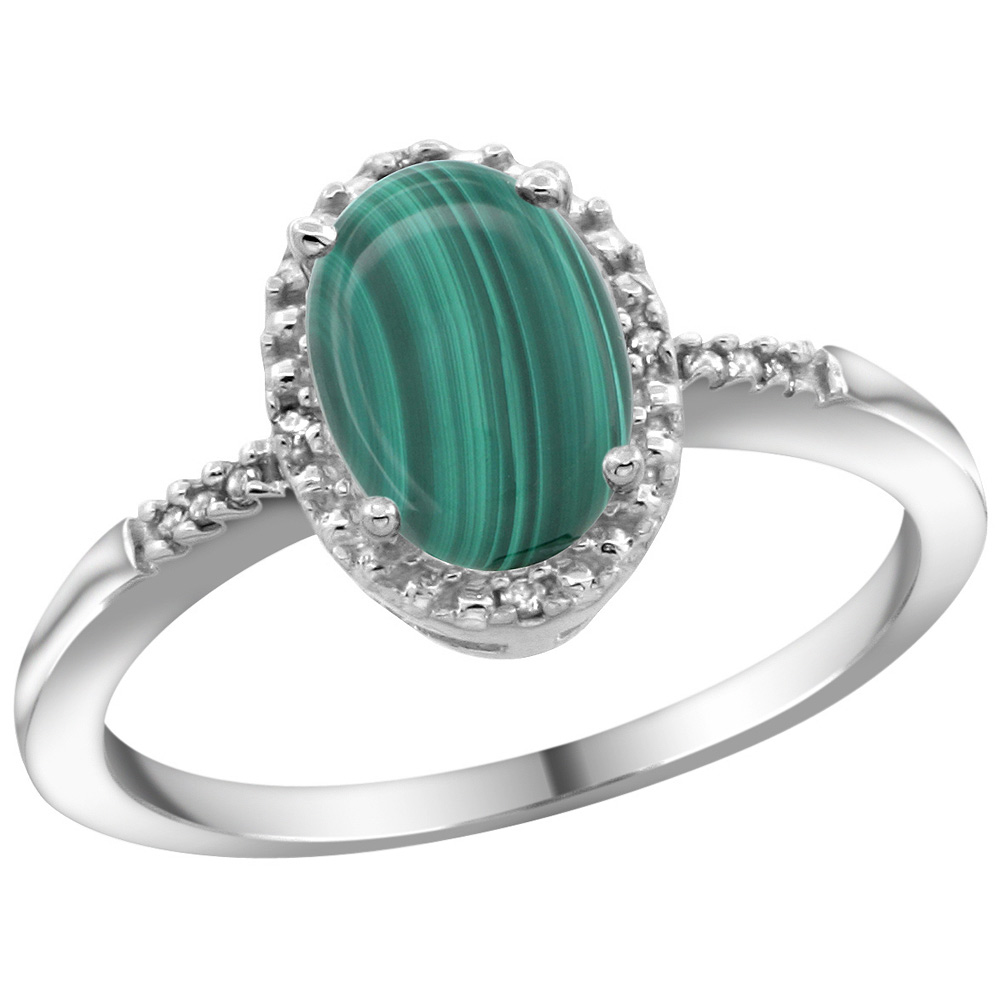 Sterling Silver Diamond Natural Malachite Ring Oval 8x6mm, 3/8 inch wide, sizes 5-10