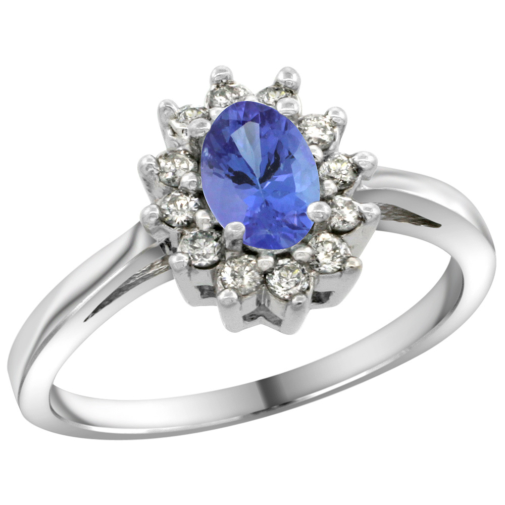 Sterling Silver Natural Tanzanite Diamond Flower Halo Ring Oval 6X4mm, 3/8 inch wide, sizes 5 10
