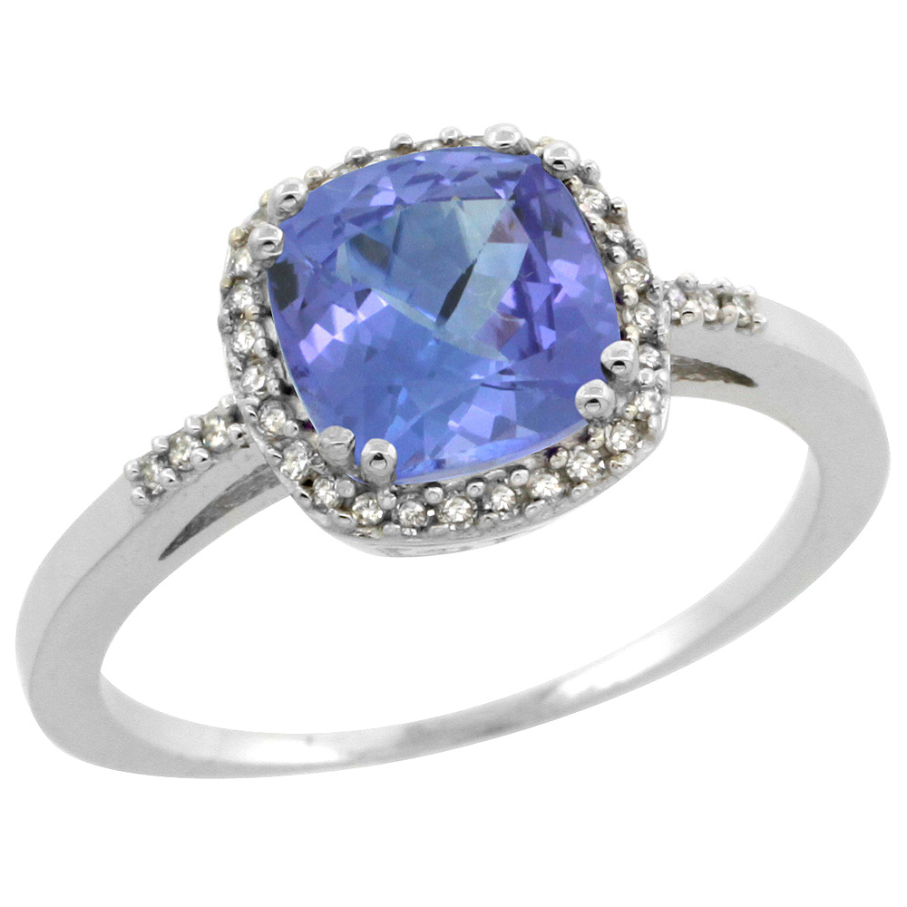 Sterling Silver Diamond Natural Tanzanite Ring Cushion-cut 7x7mm, 3/8 inch wide, sizes 5-10