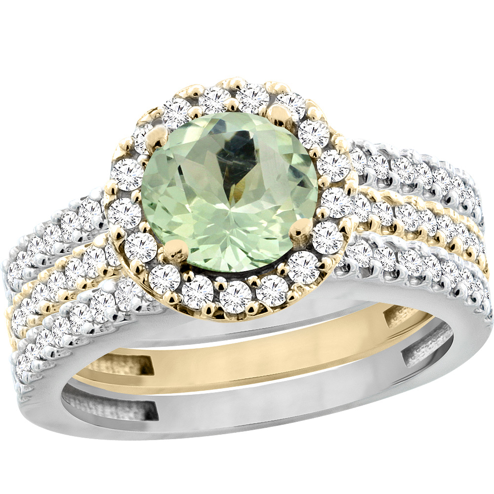 10K Gold Natural Green Amethyst 3-Piece Ring Set Two-tone Round 6mm Halo Diamond, sizes 5 - 10