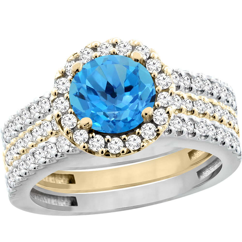 14K Gold Natural Swiss Blue Topaz 3-Piece Ring Set Two-tone Round 6mm Halo Diamond, sizes 5 - 10