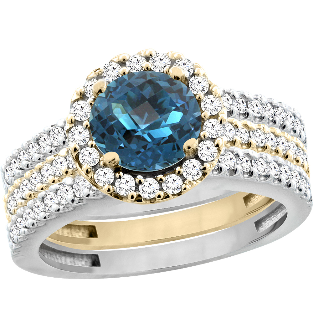 14K Gold Natural London Blue Topaz 3-Piece Ring Set Two-tone Round 6mm Halo Diamond, sizes 5 - 10