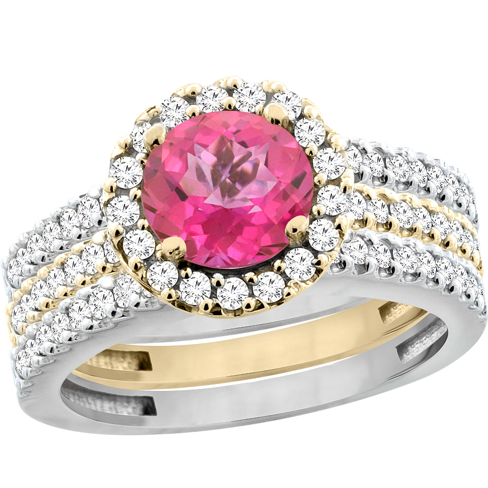 14K Gold Natural Pink Topaz 3-Piece Ring Set Two-tone Round 6mm Halo Diamond, sizes 5 - 10