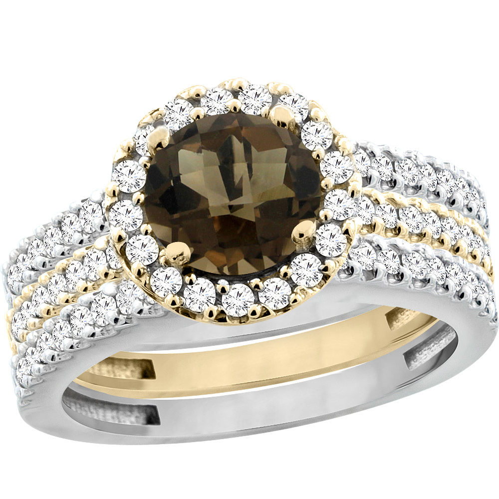 14K Gold Natural Smoky Topaz 3-Piece Ring Set Two-tone Round 6mm Halo Diamond, sizes 5 - 10