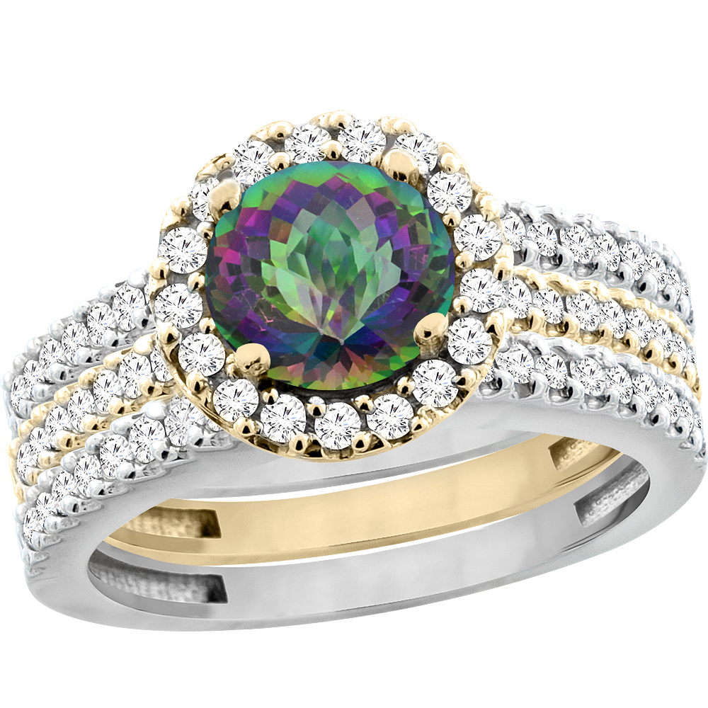 10K Gold Natural Mystic Topaz 3-Piece Ring Set Two-tone Round 6mm Halo Diamond, sizes 5 - 10