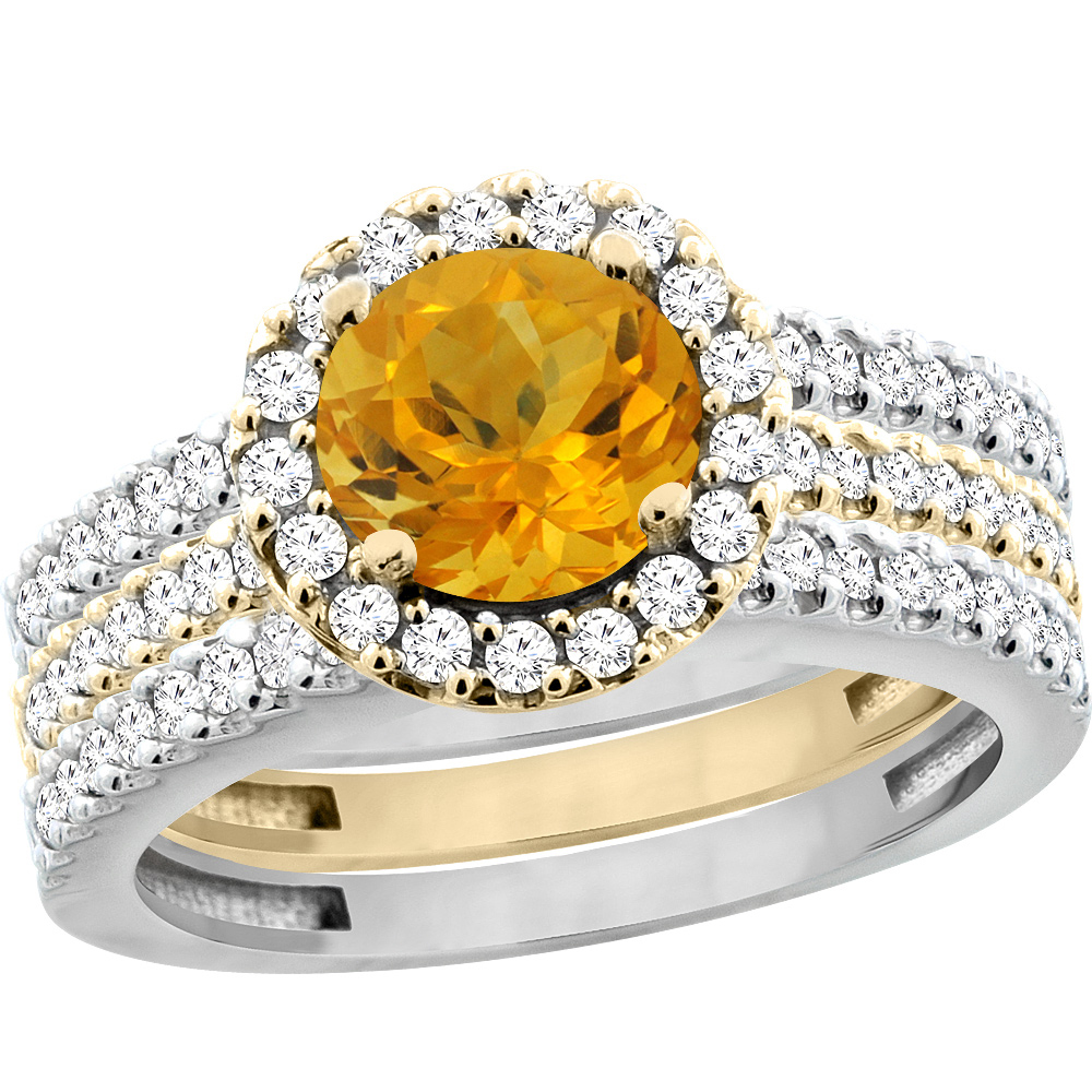 10K Gold Natural Citrine 3-Piece Ring Set Two-tone Round 6mm Halo Diamond, sizes 5 - 10