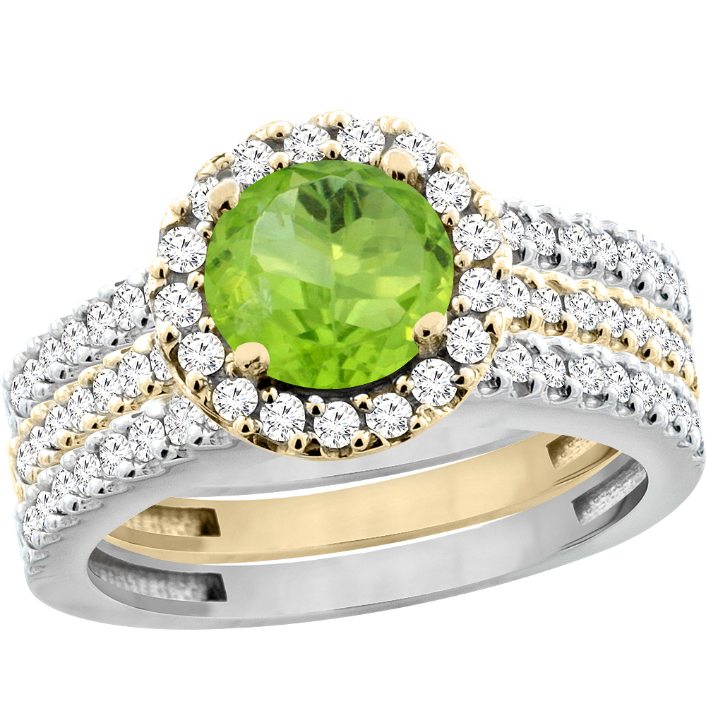 10K Gold Natural Peridot 3-Piece Ring Set Two-tone Round 6mm Halo Diamond, sizes 5 - 10