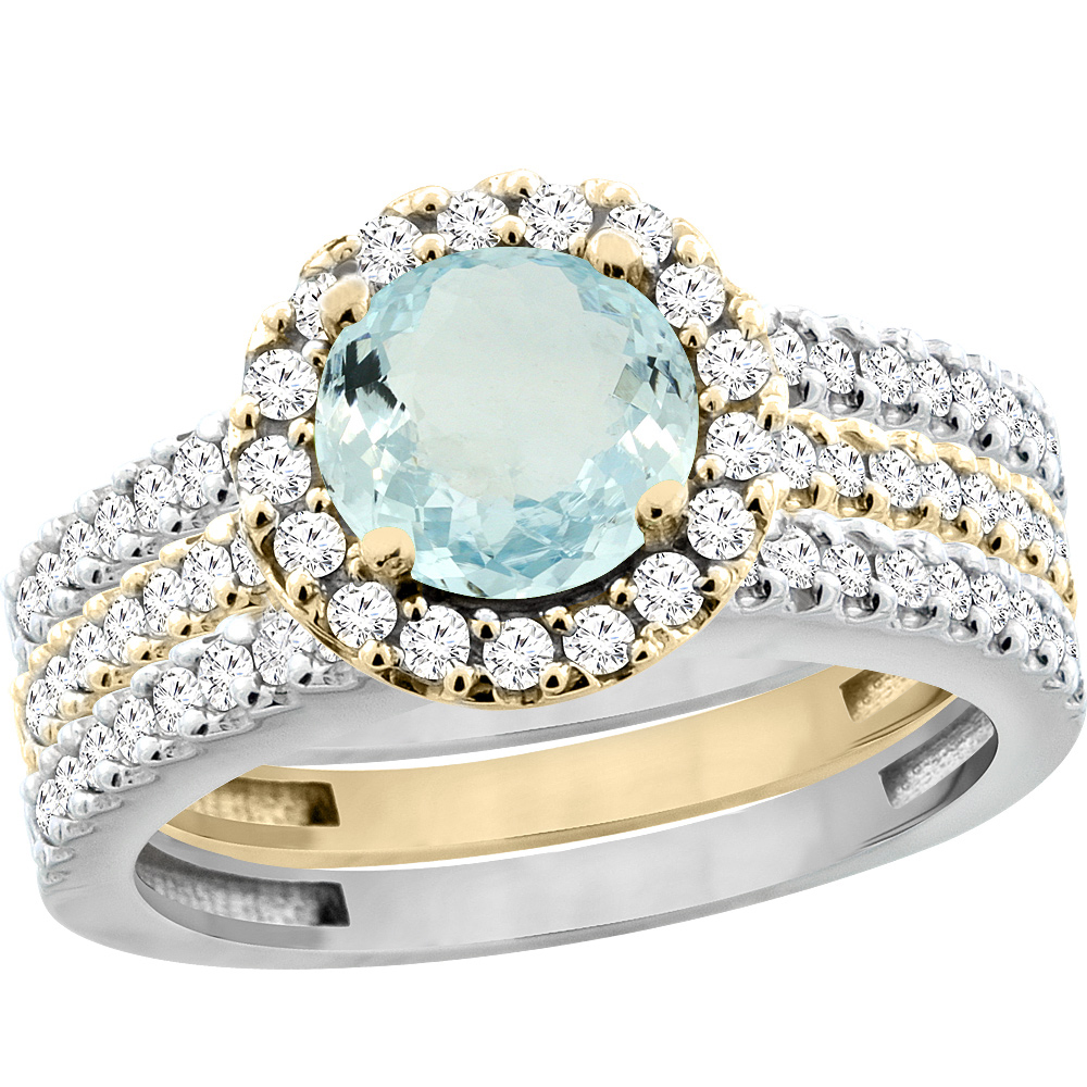 14K Gold Natural Aquamarine 3-Piece Ring Set Two-tone Round 6mm Halo Diamond, sizes 5 - 10