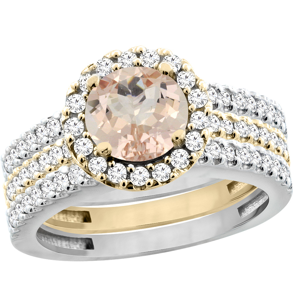 10K Gold Natural Morganite 3-Piece Ring Set Two-tone Round 6mm Halo Diamond, sizes 5 - 10