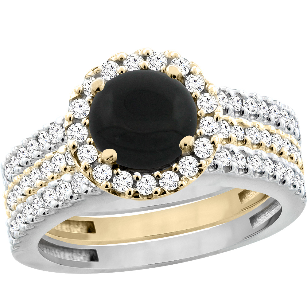 10K Gold Natural Black Onyx 3-Piece Ring Set Two-tone Round 6mm Halo Diamond, sizes 5 - 10