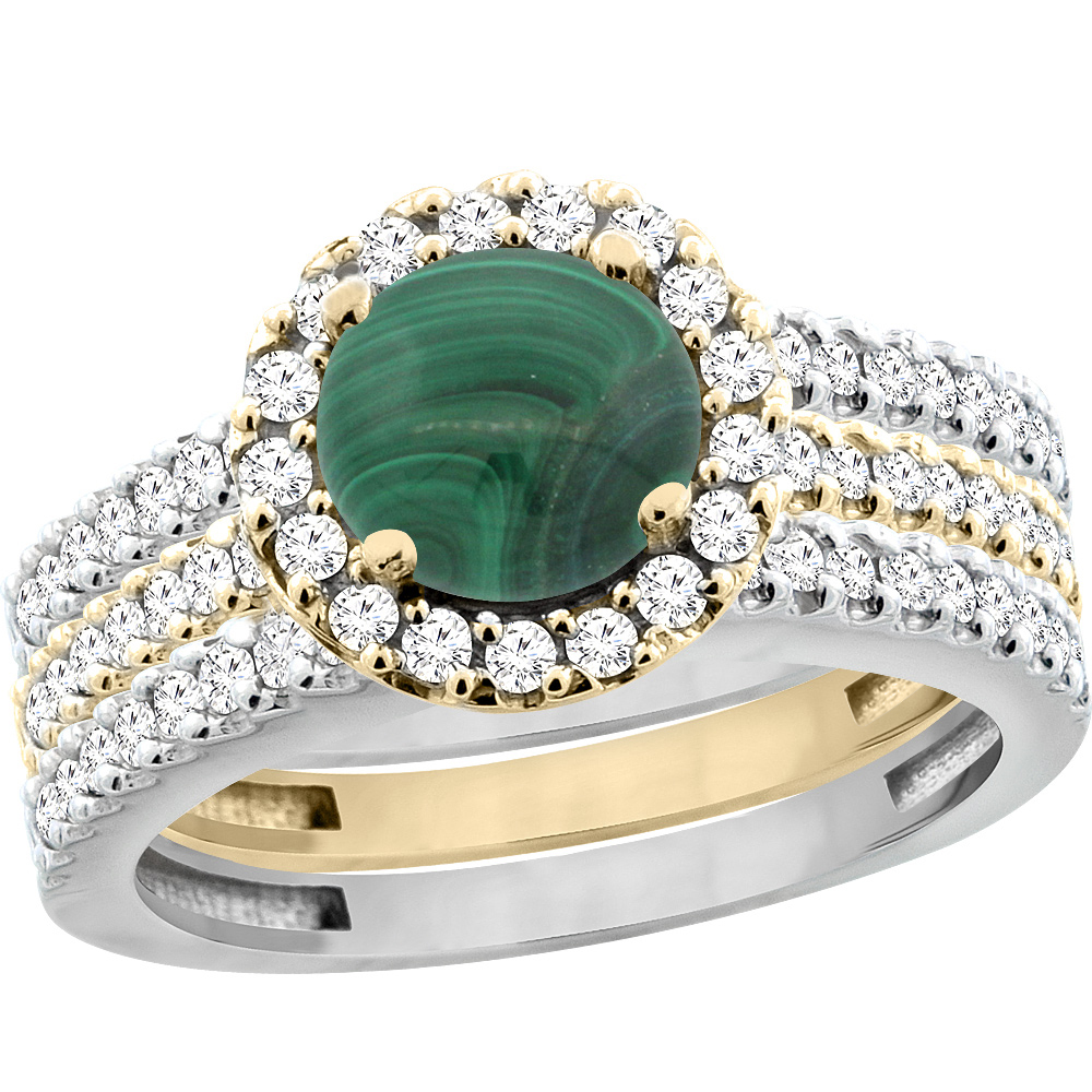 14K Gold Natural Malachite 3-Piece Ring Set Two-tone Round 6mm Halo Diamond, sizes 5 - 10