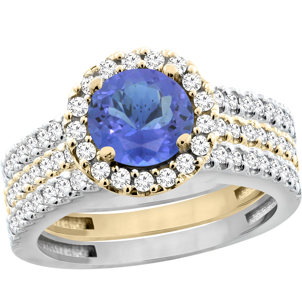 10K Gold Natural Tanzanite 3-Piece Ring Set Two-tone Round 6mm Halo Diamond, sizes 5 - 10