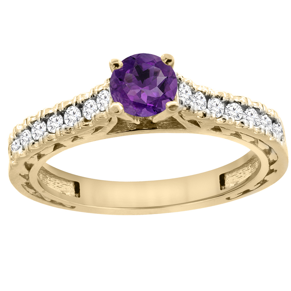 14K Yellow Gold Natural Amethyst Round 5mm Engraved Engagement Ring Diamond Accents, sizes 5 - 10