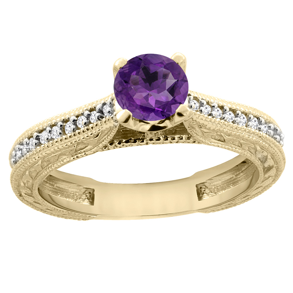 14K Yellow Gold Natural Amethyst Round 5mm Engraved Engagement Ring Diamond Accents, sizes 5 - 10