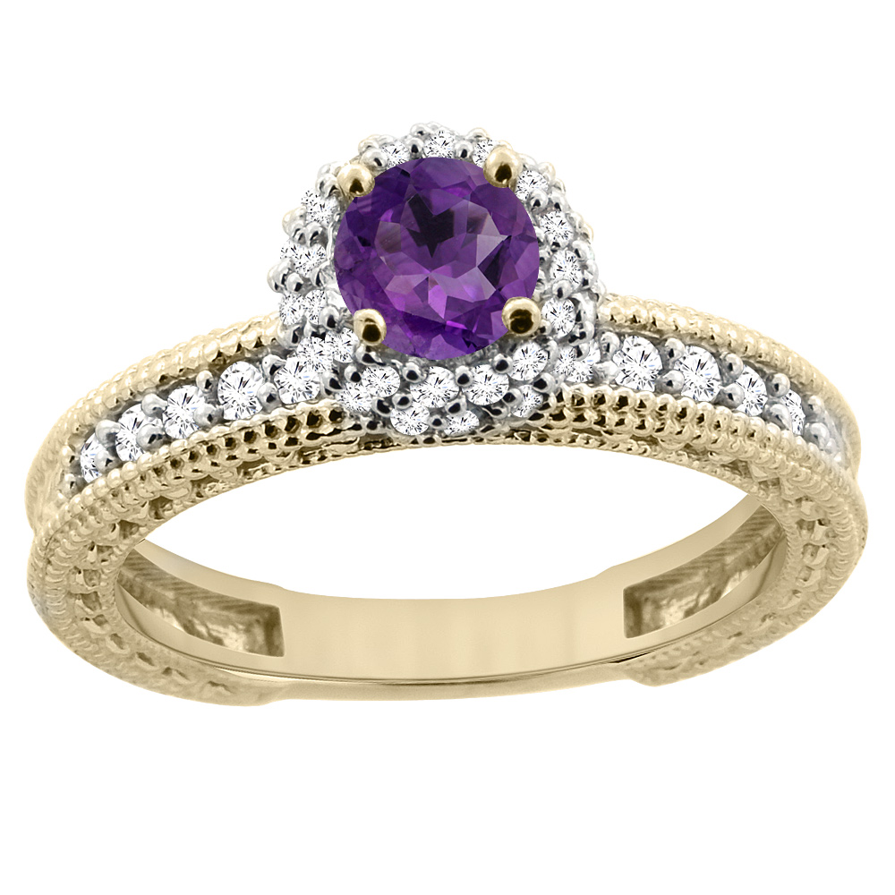 14K Yellow Gold Natural Amethyst Round 5mm Engagement Ring Diamond Accents, sizes 5 - 10