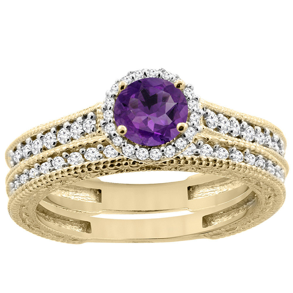 14K Yellow Gold Natural Amethyst Round 5mm Engagement Ring 2-piece Set Diamond Accents, sizes 5 - 10