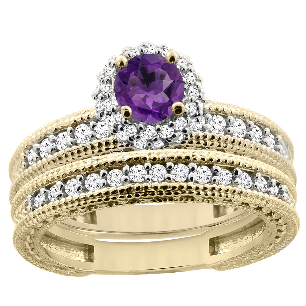 14K Yellow Gold Diamond Natural Amethyst Round 4mm Engagement Ring 2-piece Set, sizes 5 - 10