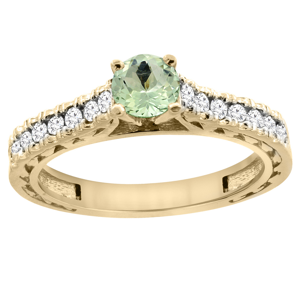 14K Yellow Gold Natural Green Amethyst Round 5mm Engraved Engagement Ring Diamond Accents, sizes 5 - 10