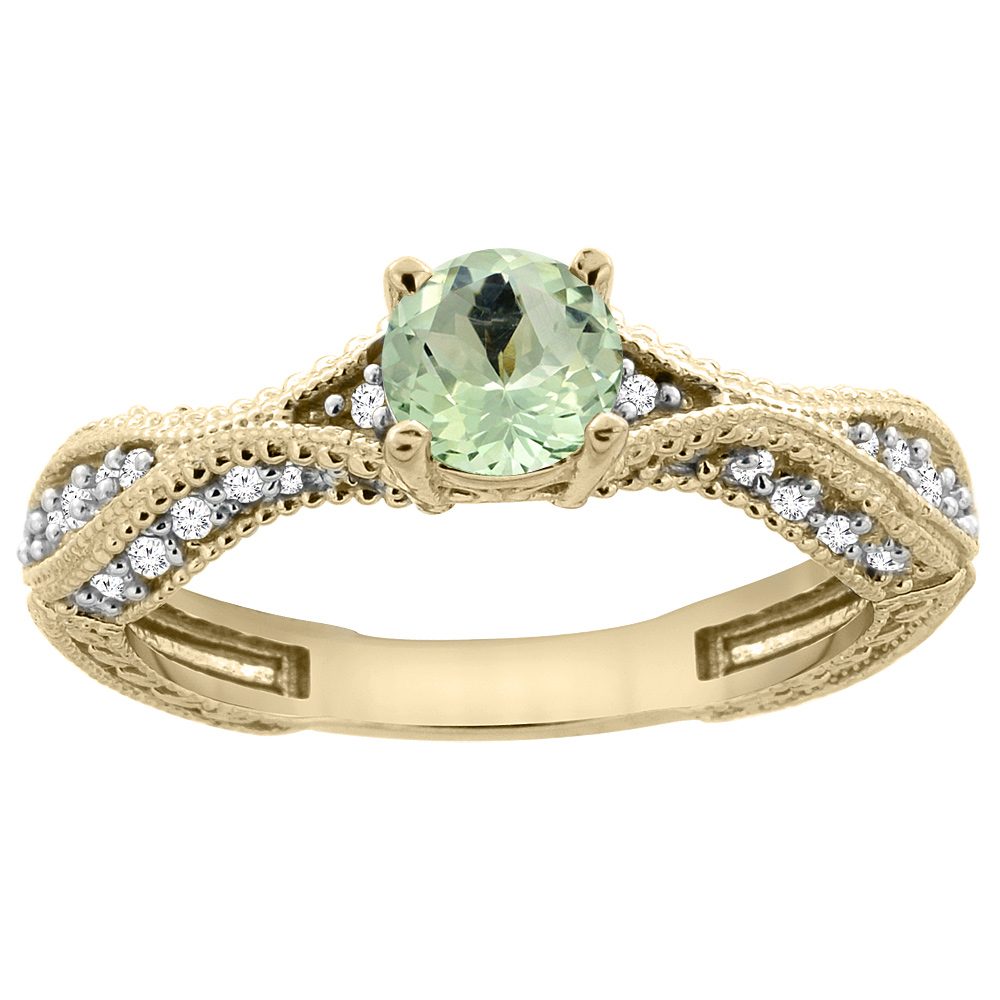 14K Yellow Gold Natural Green Amethyst Round 5mm Engraved Engagement Ring Diamond Accents, sizes 5 - 10