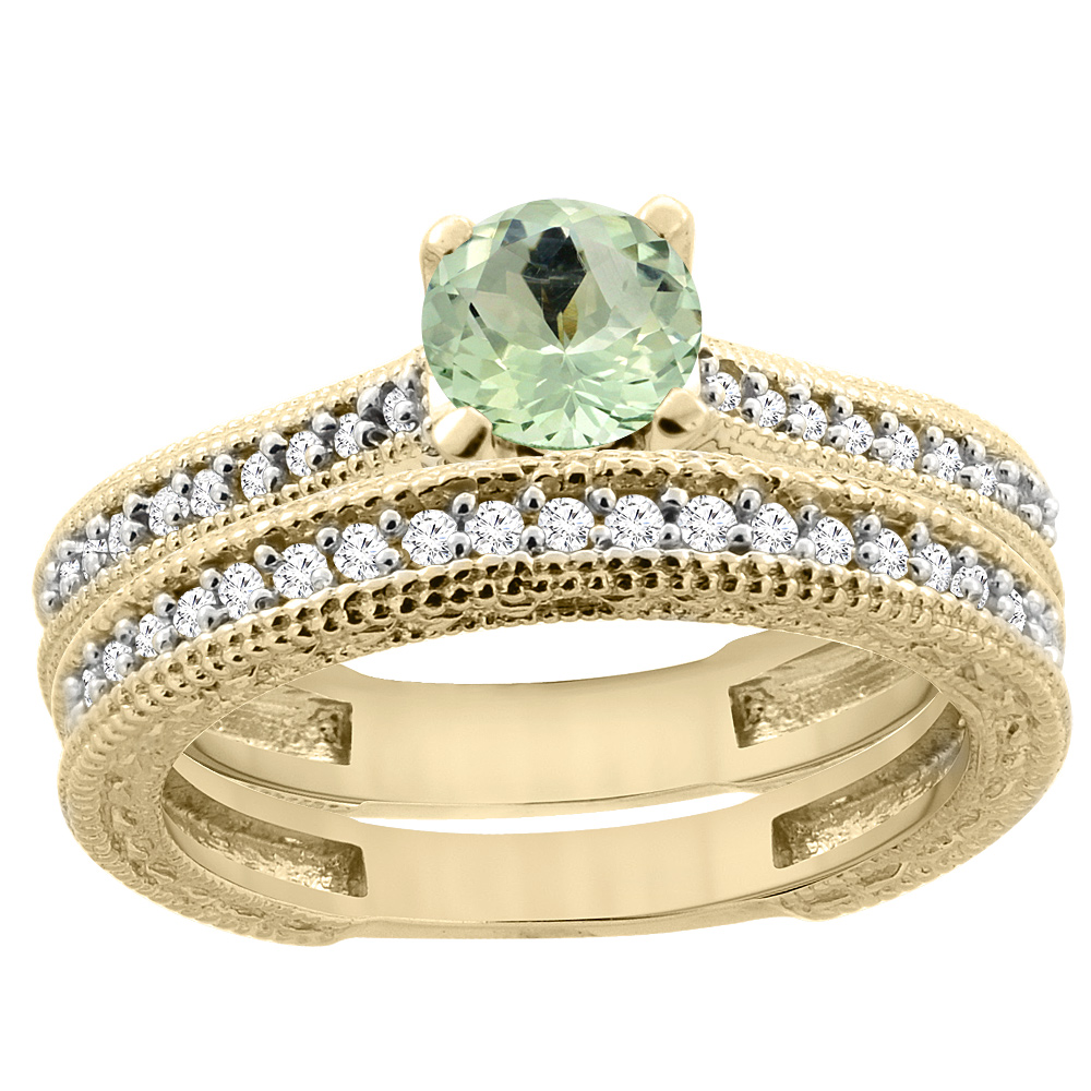 14K Yellow Gold Natural Green Amethyst Round 5mm Engraved Engagement Ring 2-piece Set Diamond Accents, sizes 5 - 10