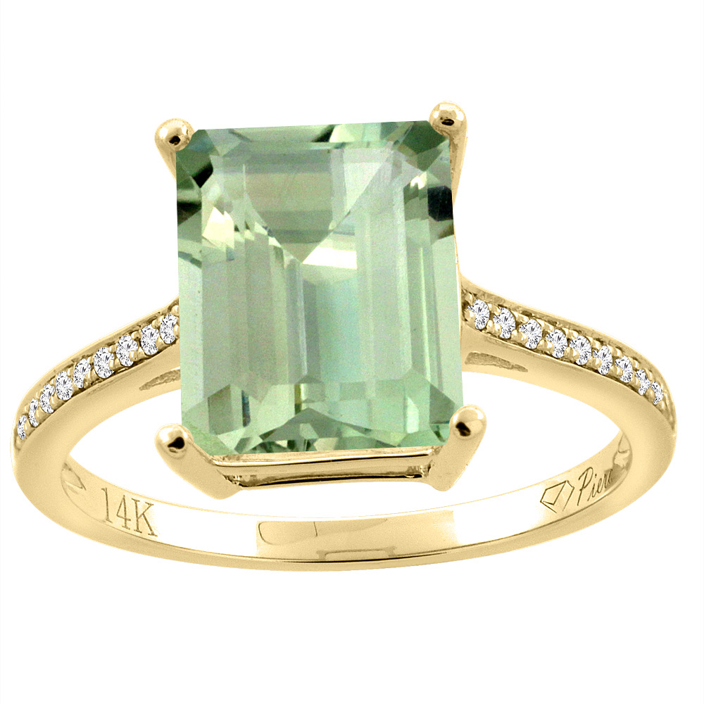 Piera 14K Gold Natural Green Amethyst Ring Octagon 10x8 mm Diamond Accents, sizes 5 - 10