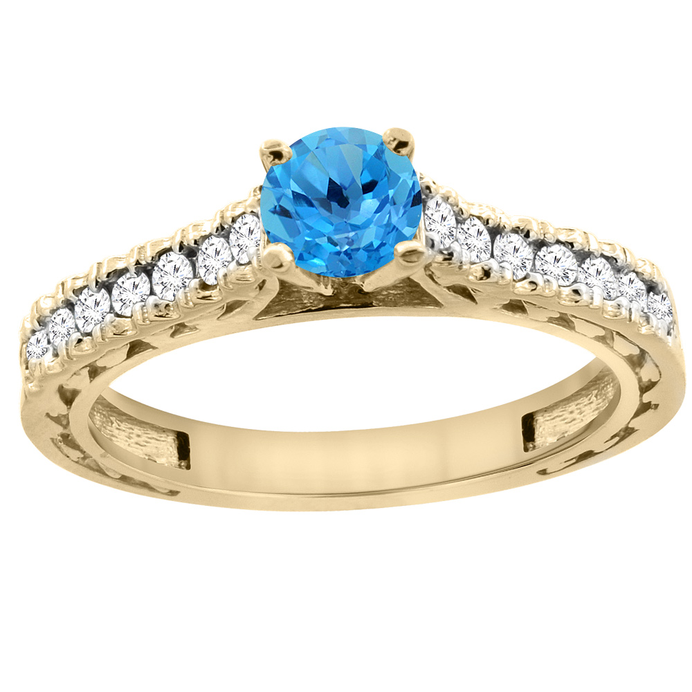 14K Yellow Gold Natural Swiss Blue Topaz Round 5mm Engraved Engagement Ring Diamond Accents, sizes 5 - 10