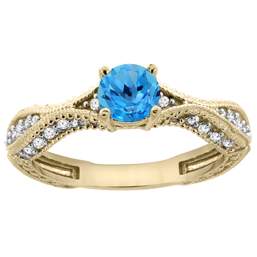 14K Yellow Gold Natural Swiss Blue Topaz Round 5mm Engraved Engagement Ring Diamond Accents, sizes 5 - 10