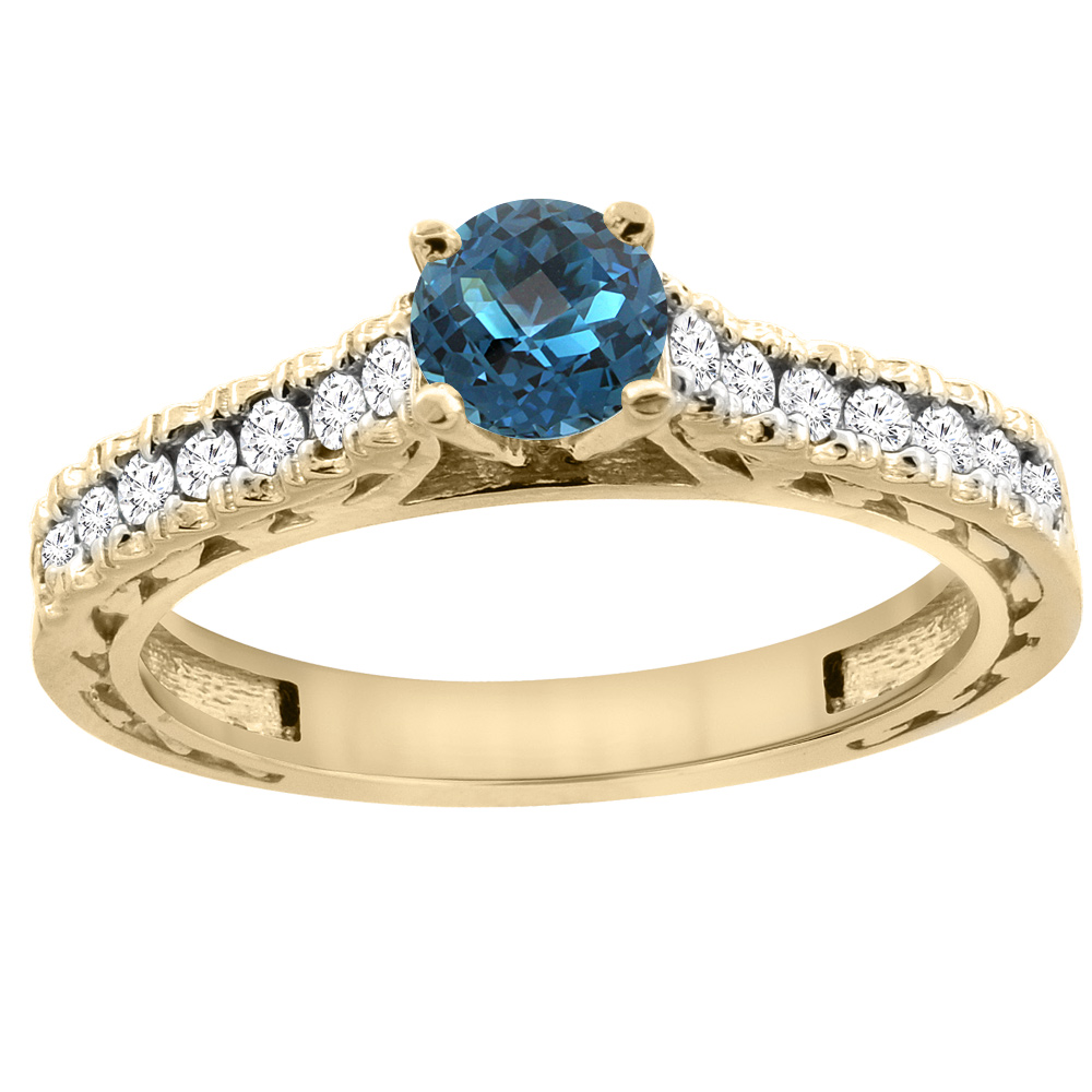 14K Yellow Gold Natural London Blue Topaz Round 5mm Engraved Engagement Ring Diamond Accents, sizes 5 - 10