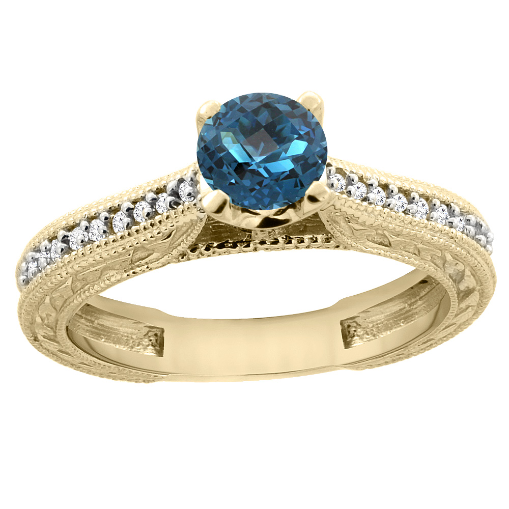 14K Yellow Gold Natural London Blue Topaz Round 5mm Engraved Engagement Ring Diamond Accents, sizes 5 - 10