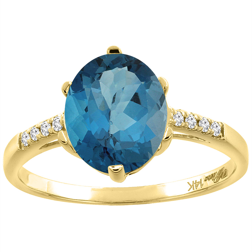 14K Yellow Gold Natural London Blue Topaz & Diamond Ring Oval 10x8 mm, sizes 5-10