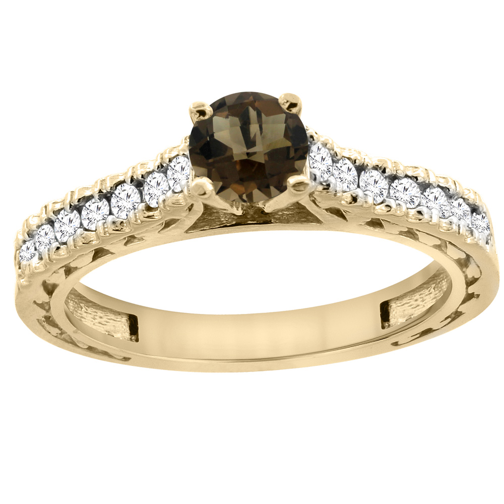 14K Yellow Gold Natural Smoky Topaz Round 5mm Engraved Engagement Ring Diamond Accents, sizes 5 - 10