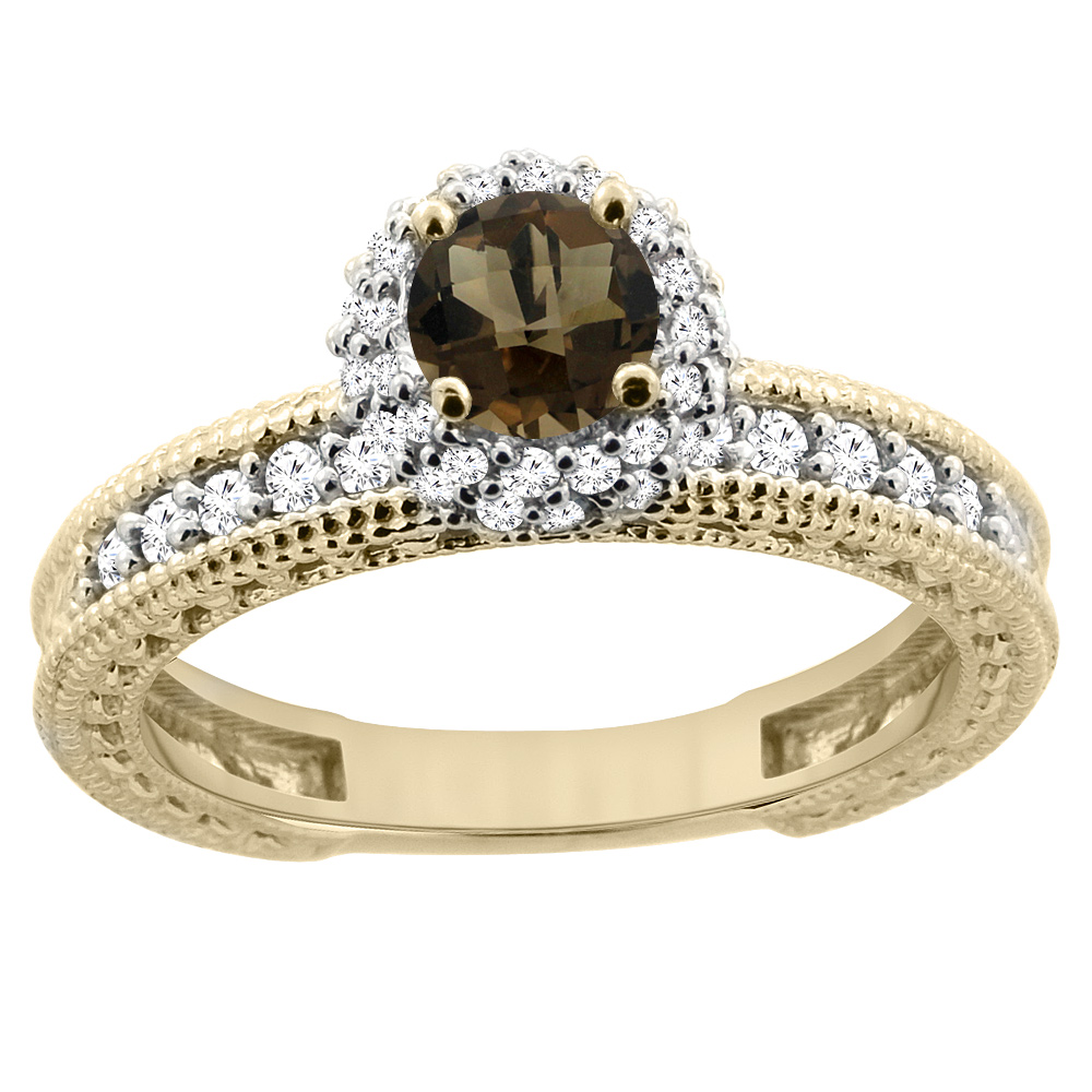 14K Yellow Gold Natural Smoky Topaz Round 5mm Engagement Ring Diamond Accents, sizes 5 - 10