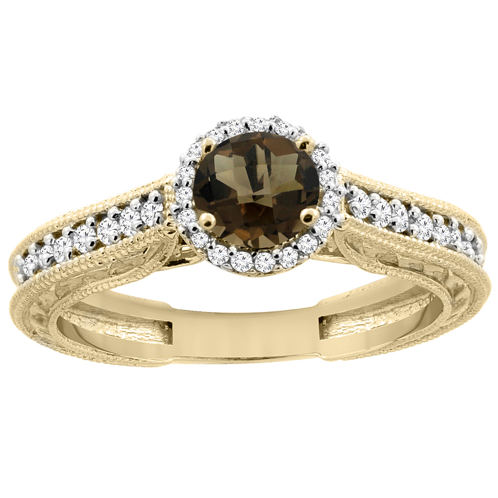14K Yellow Gold Natural Smoky Topaz Round 5mm Engraved Engagement Ring Diamond Accents, sizes 5 - 10