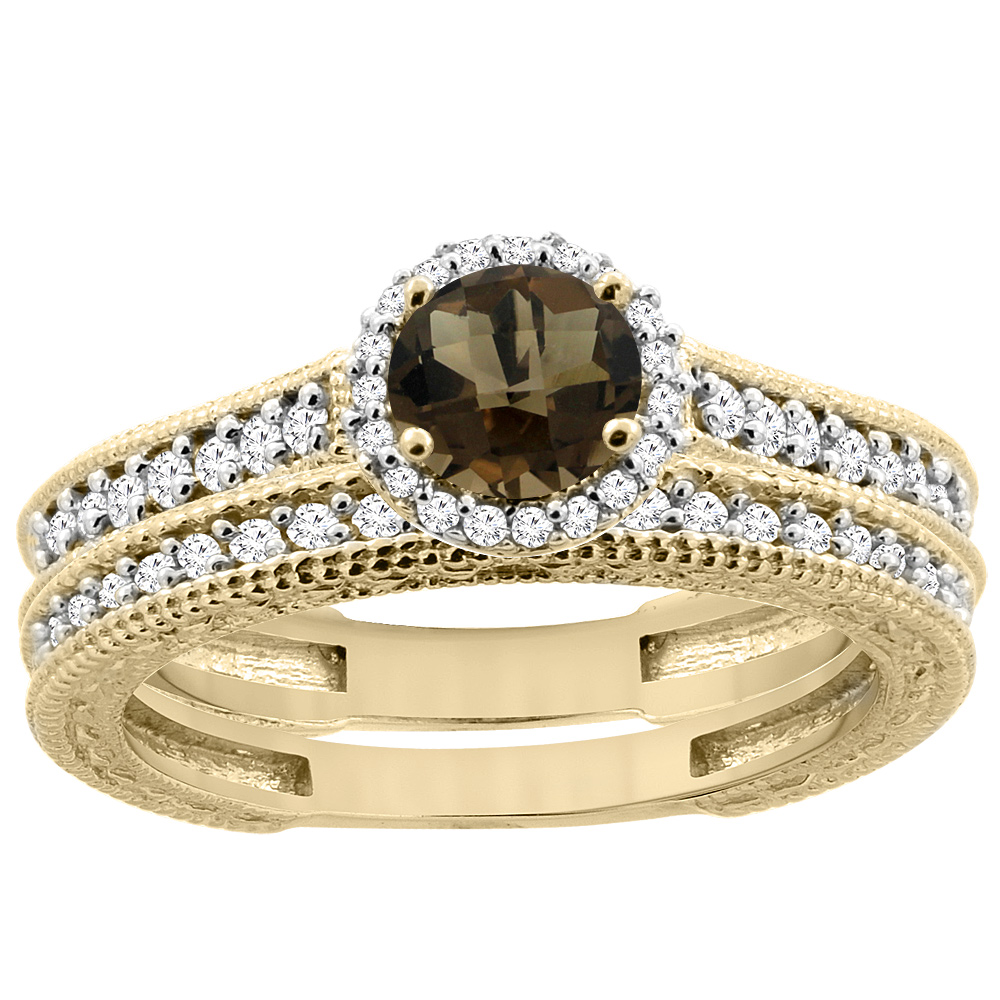 14K Yellow Gold Natural Smoky Topaz Round 5mm Engagement Ring 2-piece Set Diamond Accents, sizes 5 - 10
