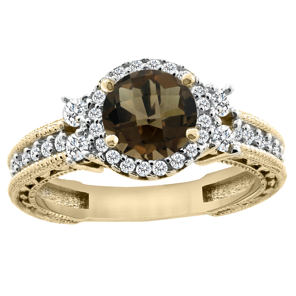 14K Yellow Gold Natural Smoky Topaz Halo Engagement Ring Round 6mm Diamond Accents, sizes 5 - 10