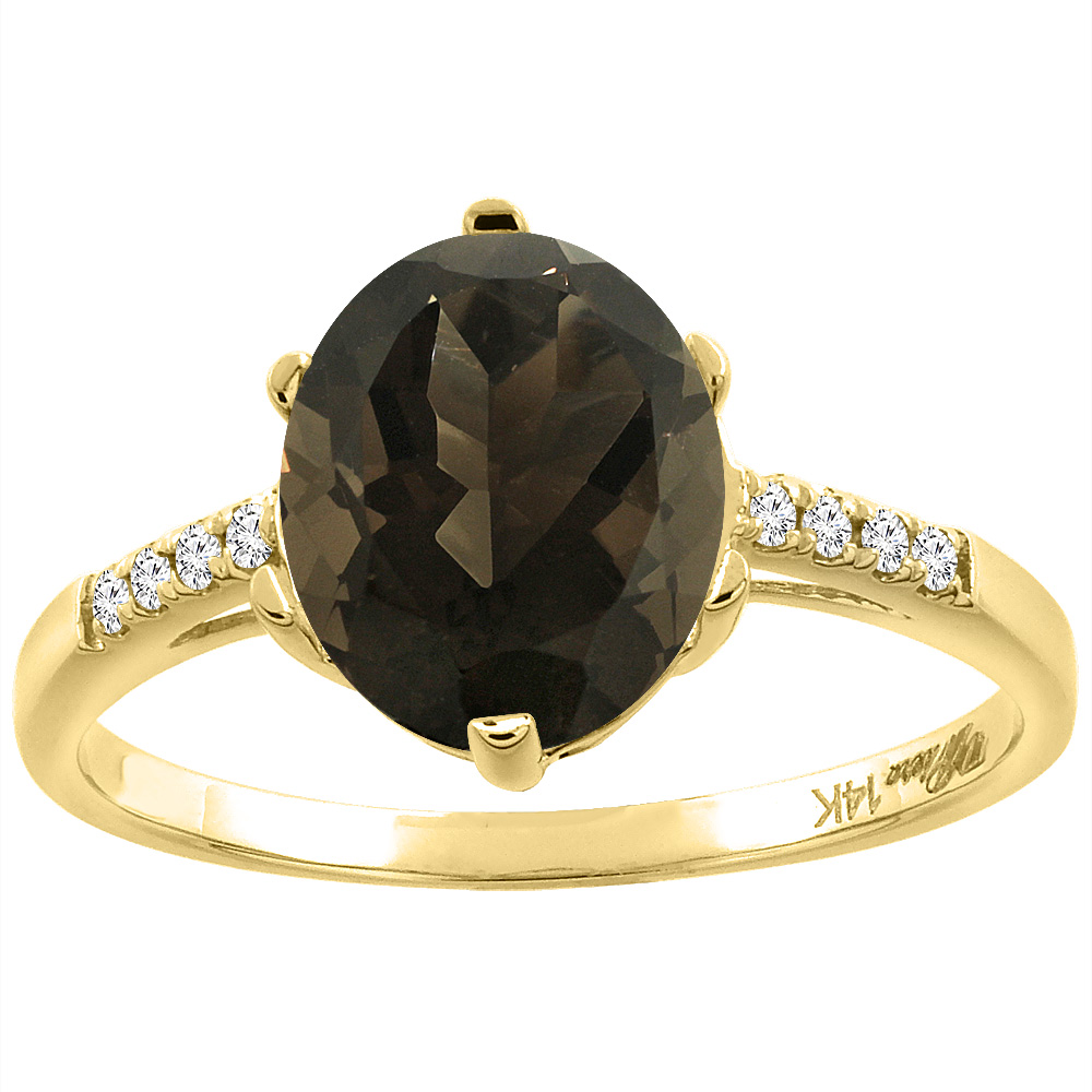 14K Yellow Gold Natural Smoky Topaz & Diamond Ring Oval 10x8 mm, sizes 5-10