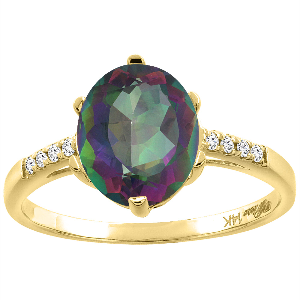 14K Yellow Gold Natural Mystic Topaz & Diamond Ring Oval 10x8 mm, sizes 5-10